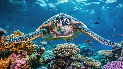 Zelfklevend Fotobehang Photo of a green turtle swimming gracefully over a vibrant coral reef  Generative Ai © Nisa