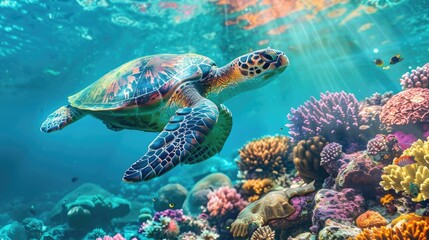 Fototapeta premium Photo of a green turtle swimming gracefully over a vibrant coral reef Generative Ai