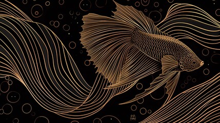 Black and gold lines fish abstract illustration background poster
