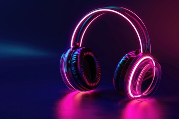 Headphones with vibrant neon glow against a dark background, signifying music and modern sound technology