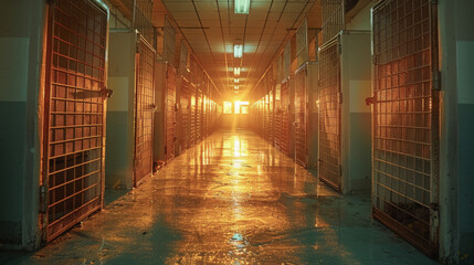 Sunset rays illuminate an empty shelter corridor, casting a golden hue over the silent kennels, suggesting tranquility and hope.