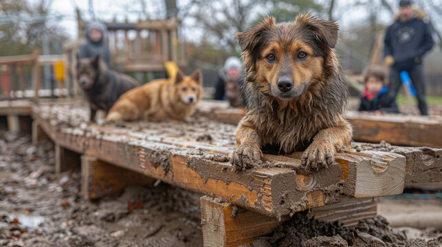 Muddy dogs rest on a bench at a park, with onlookers in the background, on a typical overcast day.