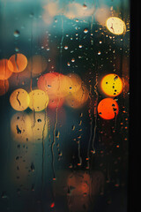 Raindrops on glass create a canvas for the bokeh lights of the city at night