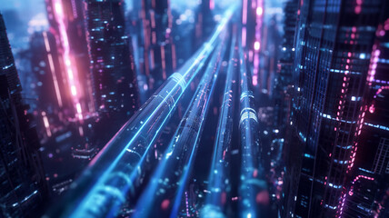Neon-lit tubes race through a dense cluster of high-rises in a night-time cityscape.