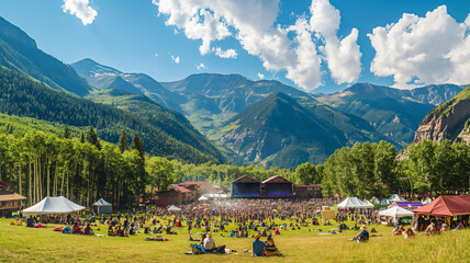 Outdoor music festival in a mountain valley with people and tents on a sunny day.