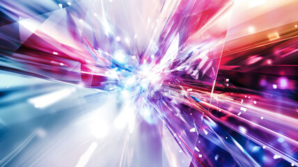 Abstract digital art of a high-speed burst in pink and blue hues with light particles.
