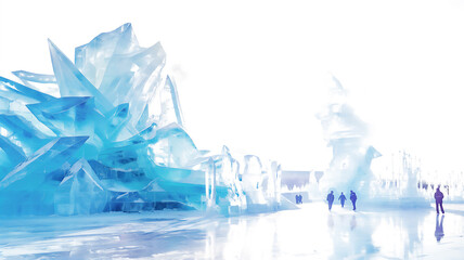 People wander near giant ice crystals in a surreal, bright, icy landscape.