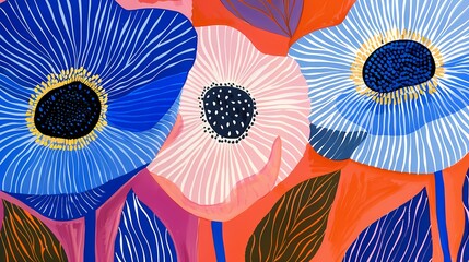 Royal blue flower print flat illustration poster background - obrazy, fototapety, plakaty