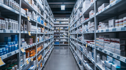 medicine stored on shelves in warehouse