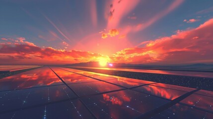A tranquil scene of the shimmering fields at sunset with the soft orange glow of the solar panels mirroring the sky above. . . - obrazy, fototapety, plakaty