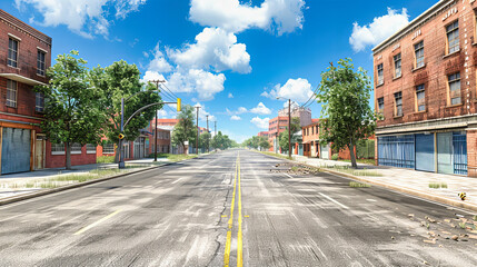 Obraz premium Tranquil Street in a Serene Neighborhood, Empty Road Leading Towards a Horizon Lined with Greenery and Clear Blue Skies