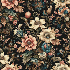 Spring flowers elegant beautiful floral seamless pattern of fabric hand-painted flowers baroque dark vintage decoration wallpaper background