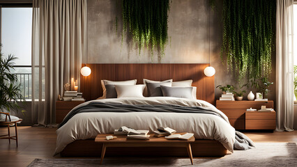 Modern bedroom interior design, modern decoration style, double bed and pillows, beautiful...