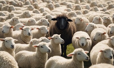 A black sheep among a flock of white sheep, raising its head as a leader.