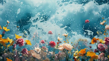 Fototapeta na wymiar Digital sea surrounded by flowers illustration poster background