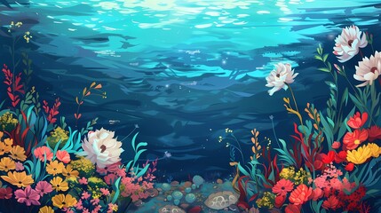 Digital sea surrounded by flowers illustration poster background