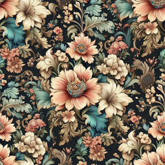 Spring flowers elegant beautiful floral seamless pattern of fabric hand-painted flowers baroque dark vintage decoration wallpaper background