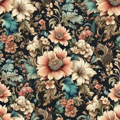 Poster Spring flowers elegant beautiful floral seamless pattern of fabric hand-painted flowers baroque dark vintage decoration wallpaper background © Sone