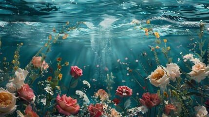 Digital sea surrounded by flowers illustration poster background - obrazy, fototapety, plakaty