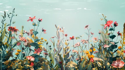 Digital sea surrounded by flowers illustration poster background - obrazy, fototapety, plakaty