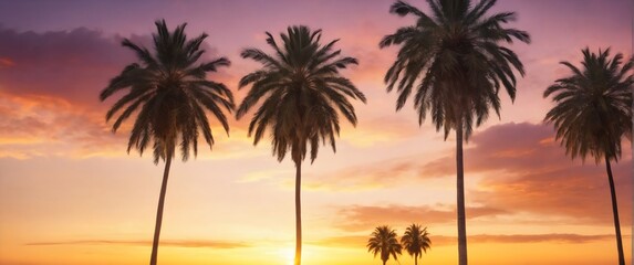 Fototapeta na wymiar Summer Palm trees during sunrise time, Colorful clouds