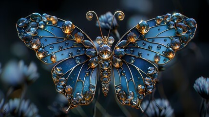Blue crystal gem flying butterfly poster background - obrazy, fototapety, plakaty