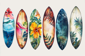 Set of Colorful Floral Surfboards in a Row