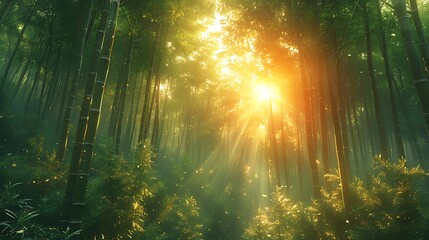 A dense bamboo forest, the sun casting light and shadow through the tall, swaying stalks.