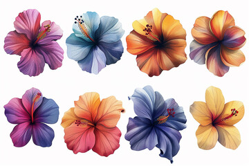 Collection of Colorful Hibiscus Flowers Watercolor Illustrations