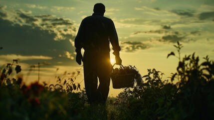 In the distance a man can be seen walking with a basket of freshly picked fruits and vegetables...