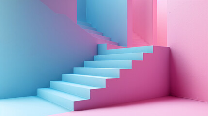 3d render, blue pink stairs, steps, abstract background in pastel colors, fashion podium, minimal scene, primitive architectural blocks, design element