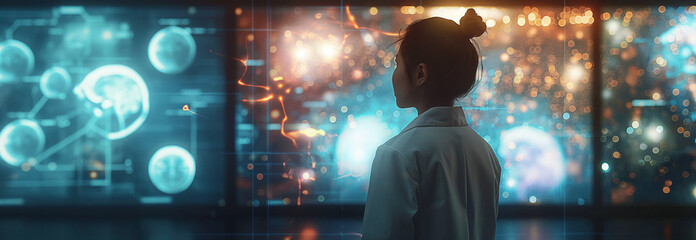 A doctor in front of an interactive digital display showing medical data and AI generated diagrams 