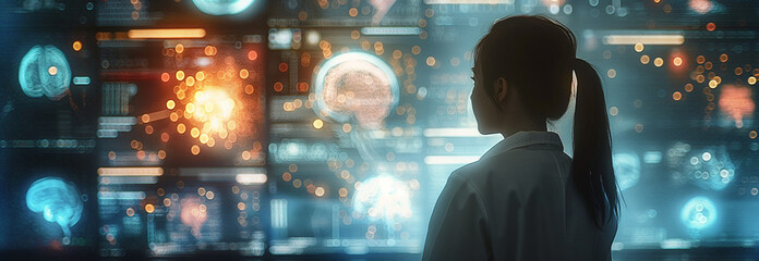 A doctor in front of an interactive digital display showing medical data and AI generated diagrams 