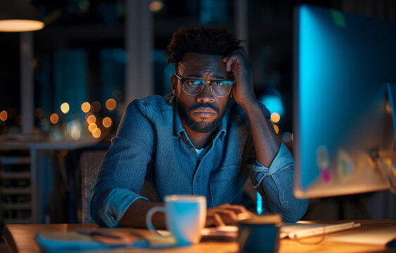 An African American man in his late thirties, wearing glasses and a blue shirt, is sitting at an office desk with a computer monitor on it 