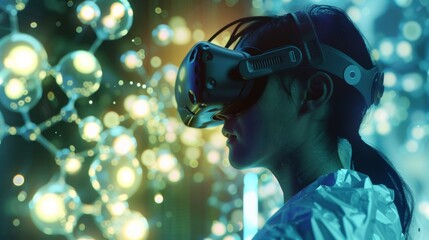 A virtual reality scene with a person wearing a futuristic VR headset exploring a digital landscape of glowing biofuel molecules and their potential capabilities. .