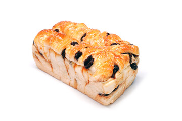 Cinnamon raisin bread isolated on white background. Raisin cinnamon loaf. Bakery