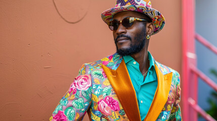 Obraz premium A handsome black man is captured middance wearing a dapper suit with a vibrant samba twist. His outfit showcases the rich fusion of AfroBrazilian and Western fashion complete with .