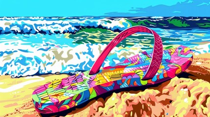 A close-up of a colorful flip-flop half-buried in the sand, rendered in a pop art style with bold...