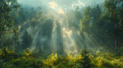 Fototapeta na wymiar A foggy morning in a pine forest, with sunlight streaming through the mist, creating beams of light