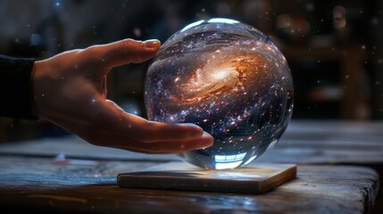 A galaxy contained within a glass sphere, like a cosmic snow globe