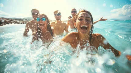 A group of friends splashing and laughing in crystal-clear ocean water, sunlight sparkling on the waves - Powered by Adobe