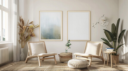 Vertical A2 Frame Mockup Set with Reflective Glass, Poster Mockup in a Living Room Interior. Apartment Background with Modern Scandinavian Bohemian Design. Rendered in 3D.