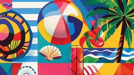 A pop art collage of classic summer symbols: a beach ball, a straw hat, a seashell, and a palm tree, rendered in vibrant colors