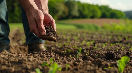 A farmer standing in a field with a handful of soil highlighting the importance of sustainable practices in biofuel production and the positive impact it can have on the environment. . - obrazy, fototapety, plakaty