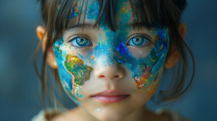 Child with world map face paint, vision for a globally aware generation, Earth day concept.