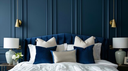The bedroom is adorned with a velvet headboard in a deep navy color adding a sense of richness and refinement to the rooms otherwise simple design. . - obrazy, fototapety, plakaty