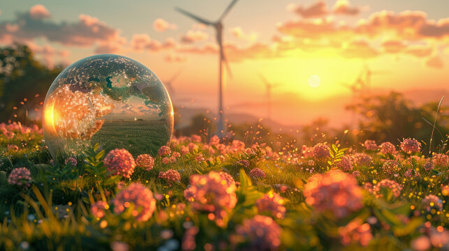 Globe and wind turbine at sunrise, harnessing renewable energy for a brighter future, Earth day concept