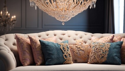 A tufted white couch with blue and gold pillows sits in front of a dark blue wall with a crystal chandelier above it.

