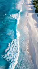 Aerial shot of a long stretch of pristine beach with turquoise waves crashing against the shore,...