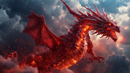 A red dragon is flying in a cloudy sky.

